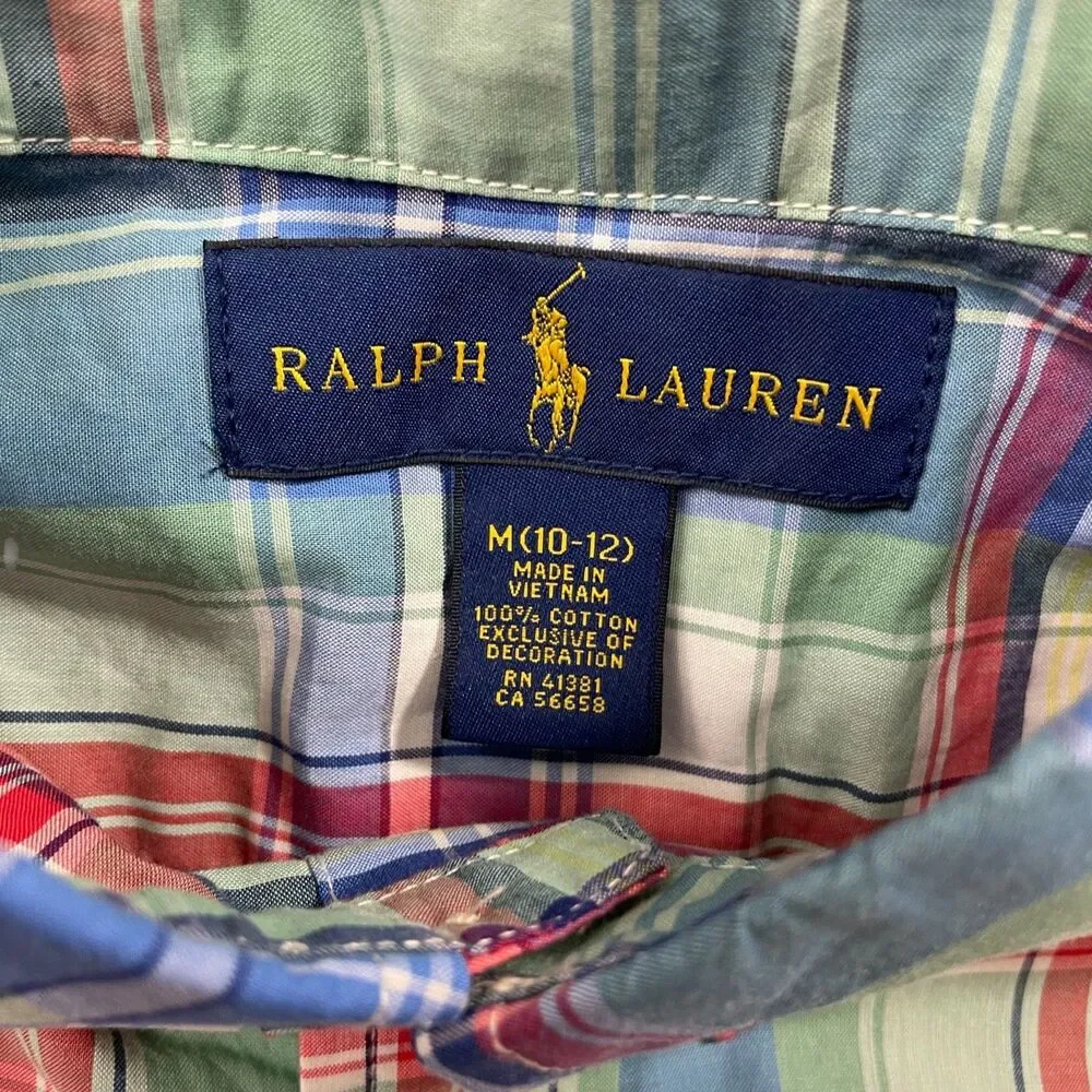 Ralph Lauren Boys Medium Button Up Plaid Shirt Button Down Collar Short Sleeve‎